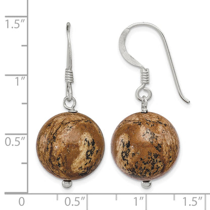 Sterling Silver Polished 14mm Round Picture Jasper Dangle Earrings