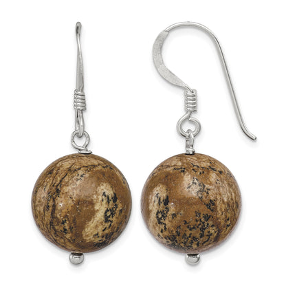 Sterling Silver Polished 14mm Round Picture Jasper Dangle Earrings