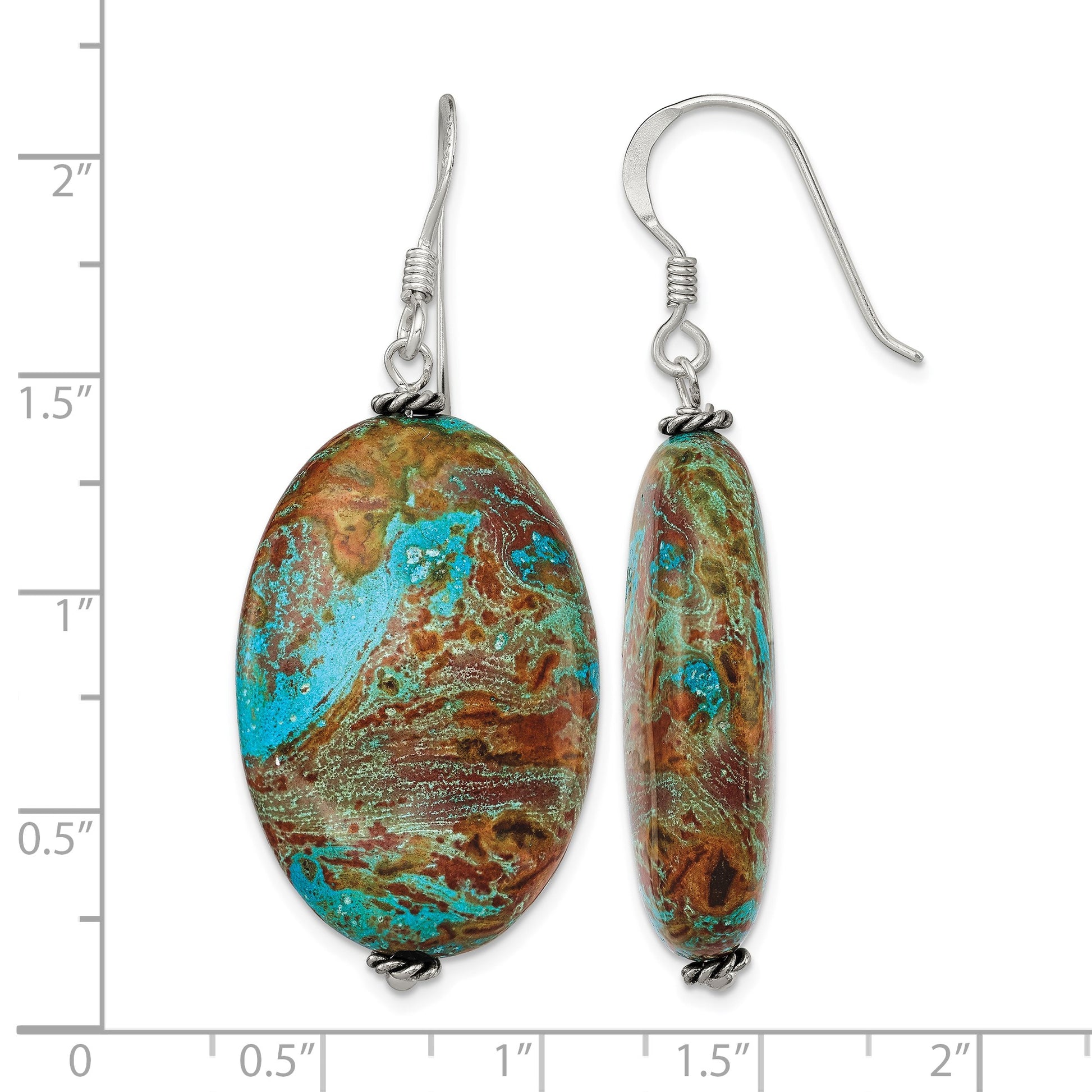 Sterling Silver Polished & Antiqued Twisted Bead & Blue Jasper Oval Dangle Earrings