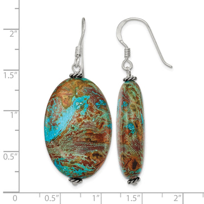 Sterling Silver Polished & Antiqued Twisted Bead & Blue Jasper Oval Dangle Earrings
