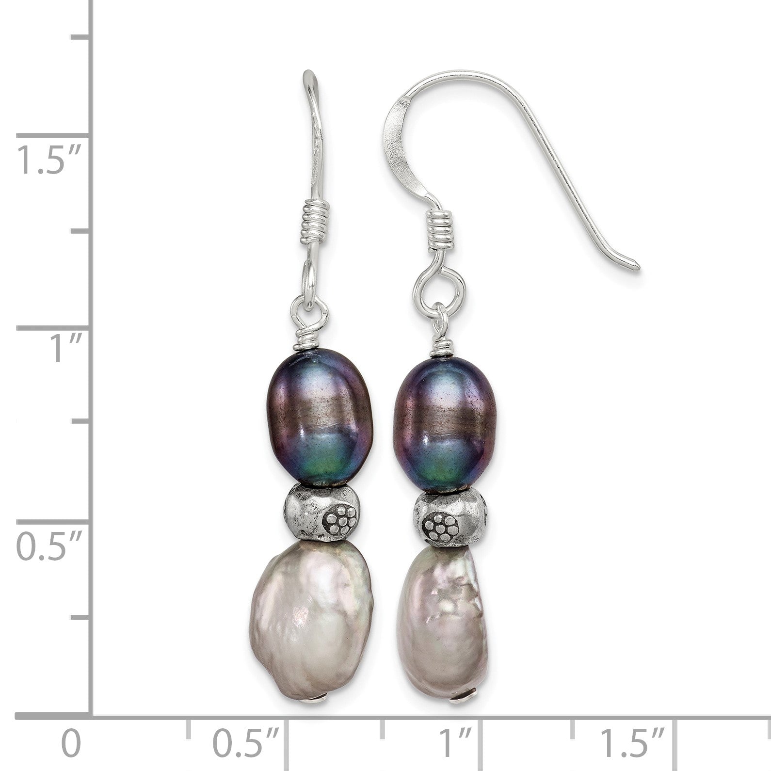 Sterling Silver Polished Antiqued & Beaded Grey & Black 7-8mm Freshwater Cultured Pearl Dangle Earrings