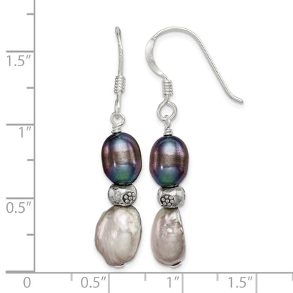 Sterling Silver Polished Antiqued & Beaded Grey & Black 7-8mm Freshwater Cultured Pearl Dangle Earrings