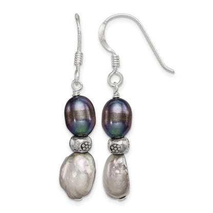 Sterling Silver Polished Antiqued & Beaded Grey & Black 7-8mm Freshwater Cultured Pearl Dangle Earrings