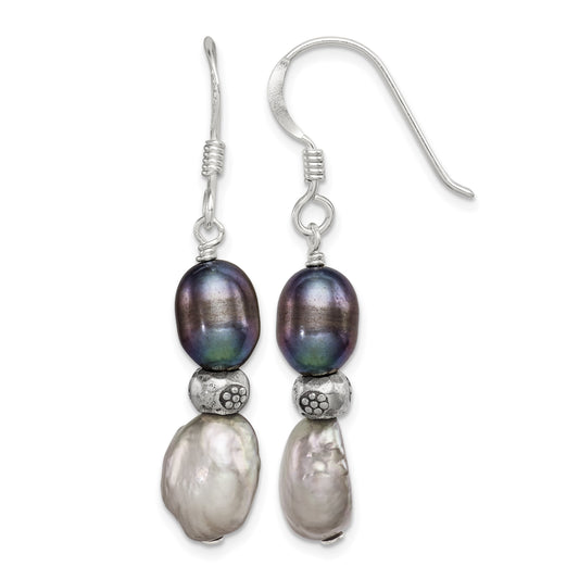 Sterling Silver Polished Antiqued & Beaded Grey & Black 7-8mm Freshwater Cultured Pearl Dangle Earrings