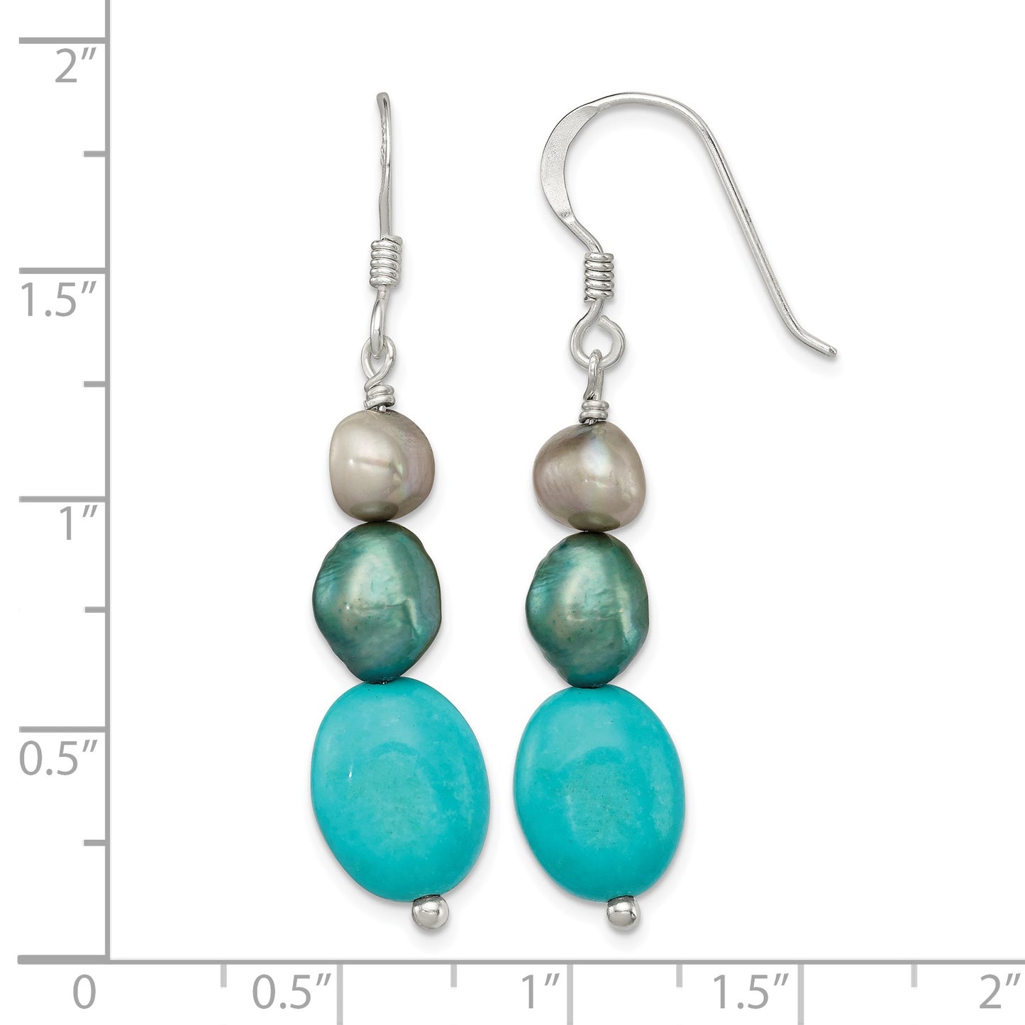 Sterling Silver Turquoise, Grey & Green FW Cultured Pearl Dangle Earrings