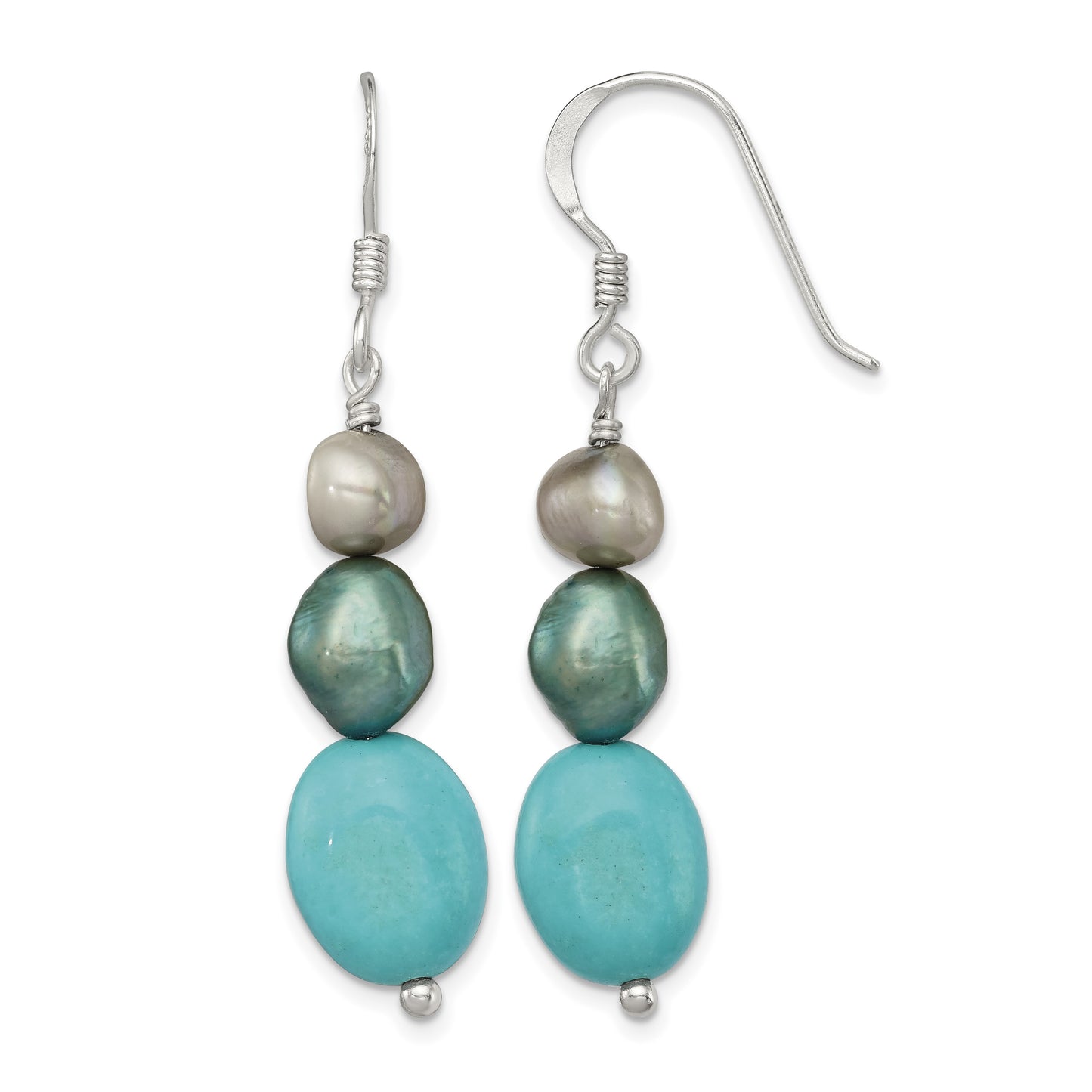 Sterling Silver Turquoise, Grey & Green FW Cultured Pearl Dangle Earrings