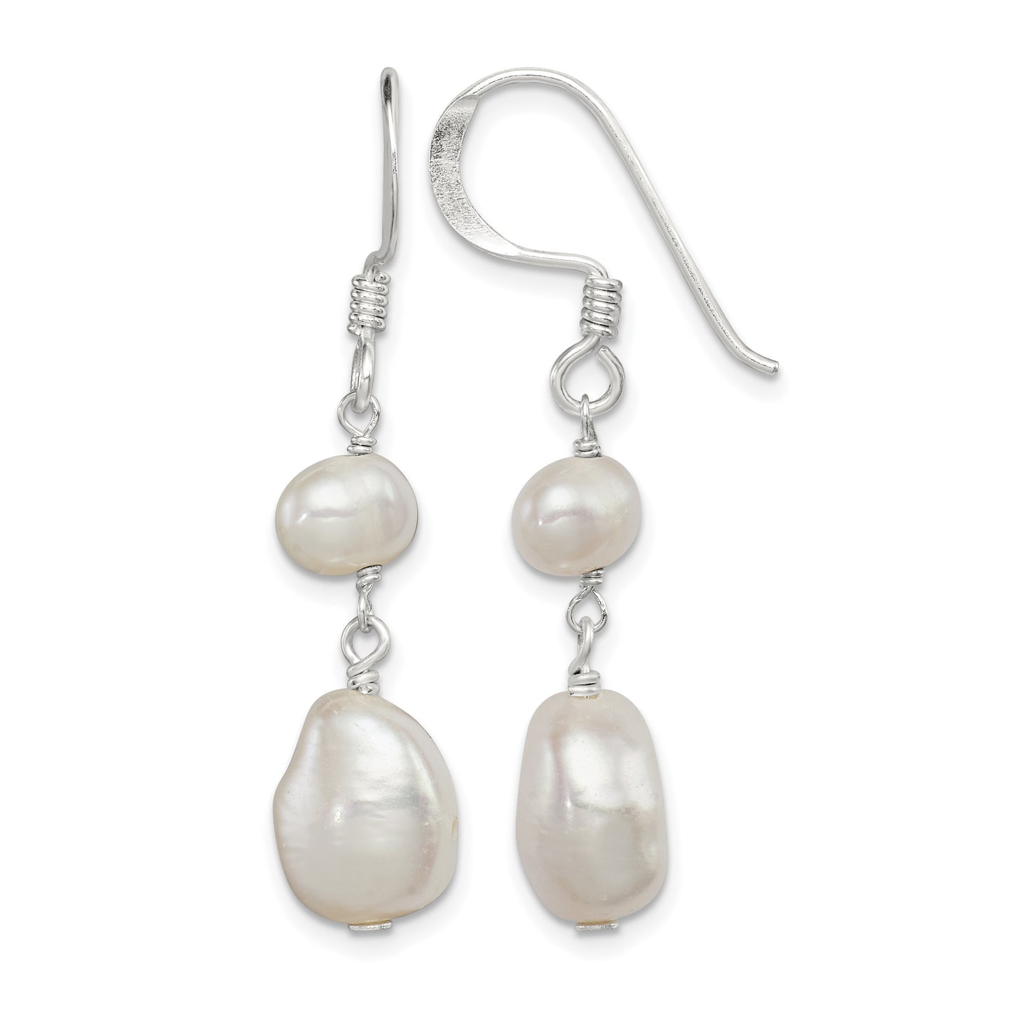 Sterling Silver Polished White 6-9mm Baroque & Semi-Round Freshwater Cultured Pearl Dangle Earrings