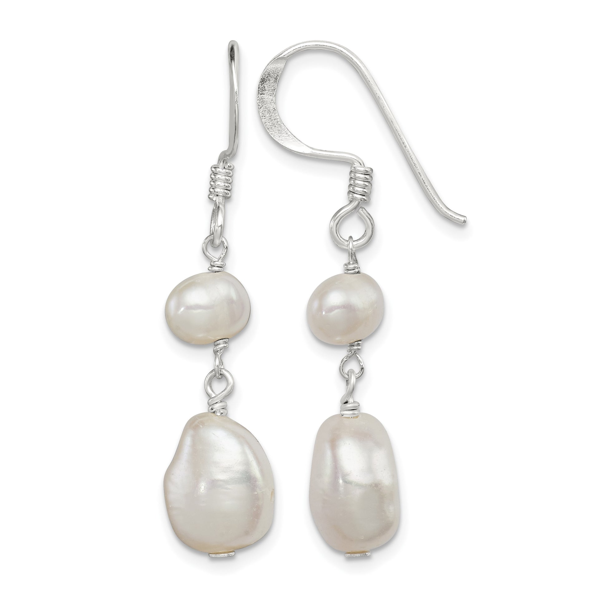 Sterling Silver Polished White 6-9mm Baroque & Semi-Round Freshwater Cultured Pearl Dangle Earrings