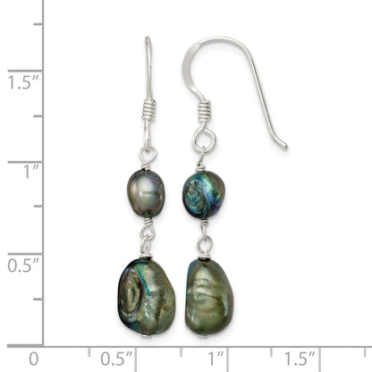 Sterling Silver Polished 5-9mm Black Baroque Freshwater Cultured Pearl Dangle Earrings
