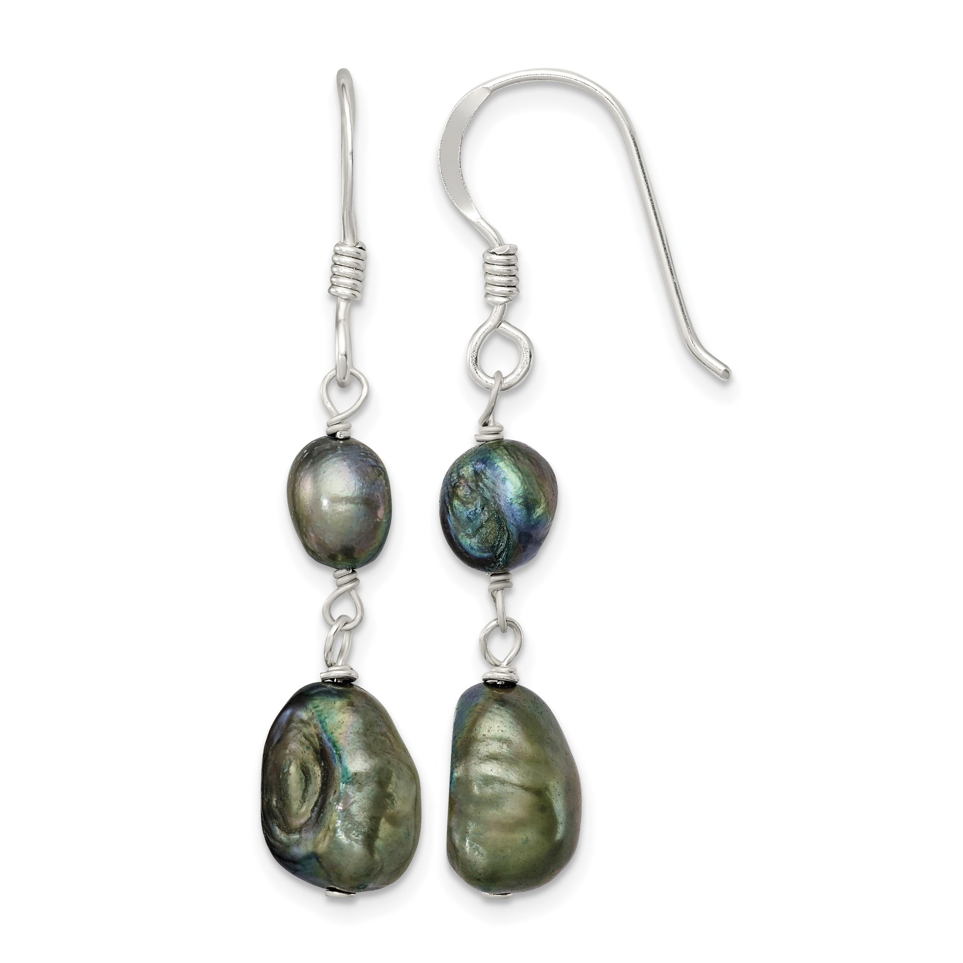 Sterling Silver Polished 5-9mm Black Baroque Freshwater Cultured Pearl Dangle Earrings