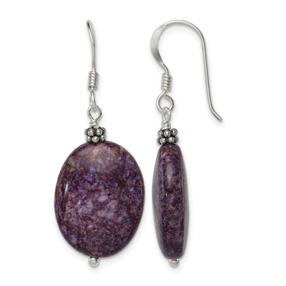 Sterling Silver Polished & Beaded Purple Charoite Oval Dangle Earrings