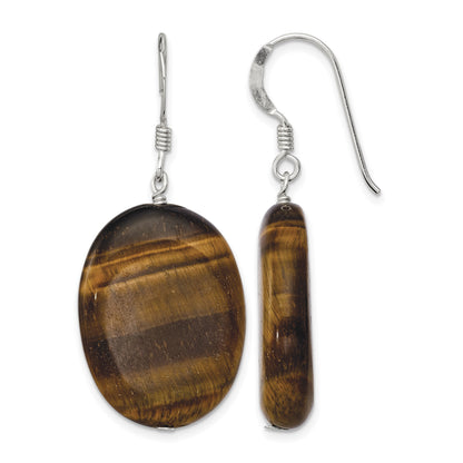 Sterling Silver Polished Tiger's Eye Oval Dangle Earrings