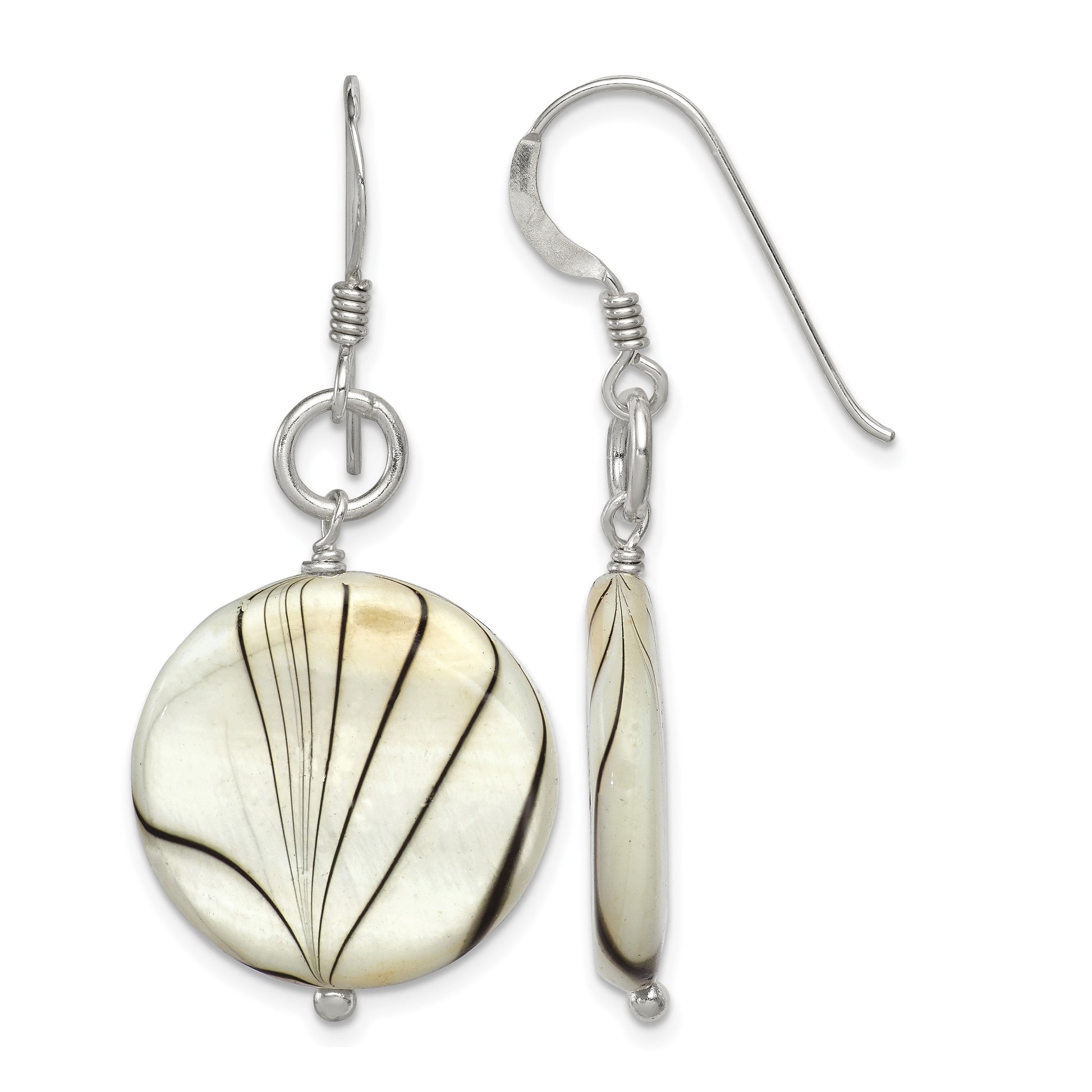 Sterling Silver Polished Zebra Mother of Pearl Disc Dangle Earrings