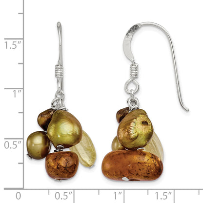 Sterling Silver Polished Amber, Citrine & FW Cultured Pearl Dangle Earrings