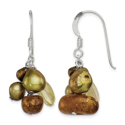 Sterling Silver Polished Amber, Citrine & FW Cultured Pearl Dangle Earrings