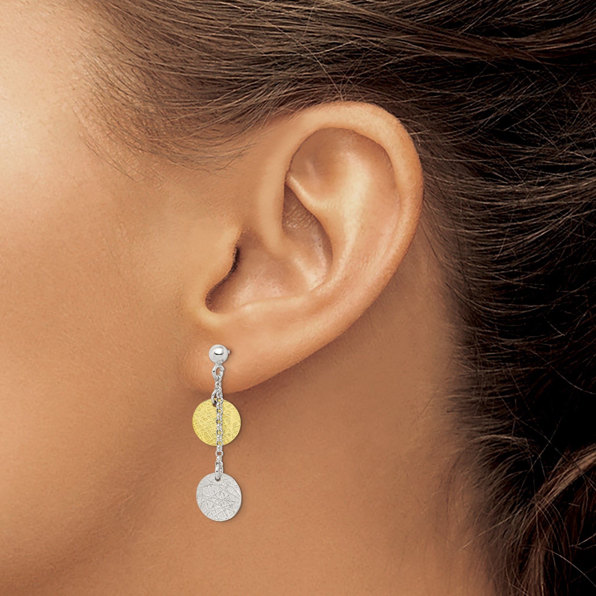 Sterling Silver w/ Yellow Vermeil Polished & Textured Circle Dangle Earring