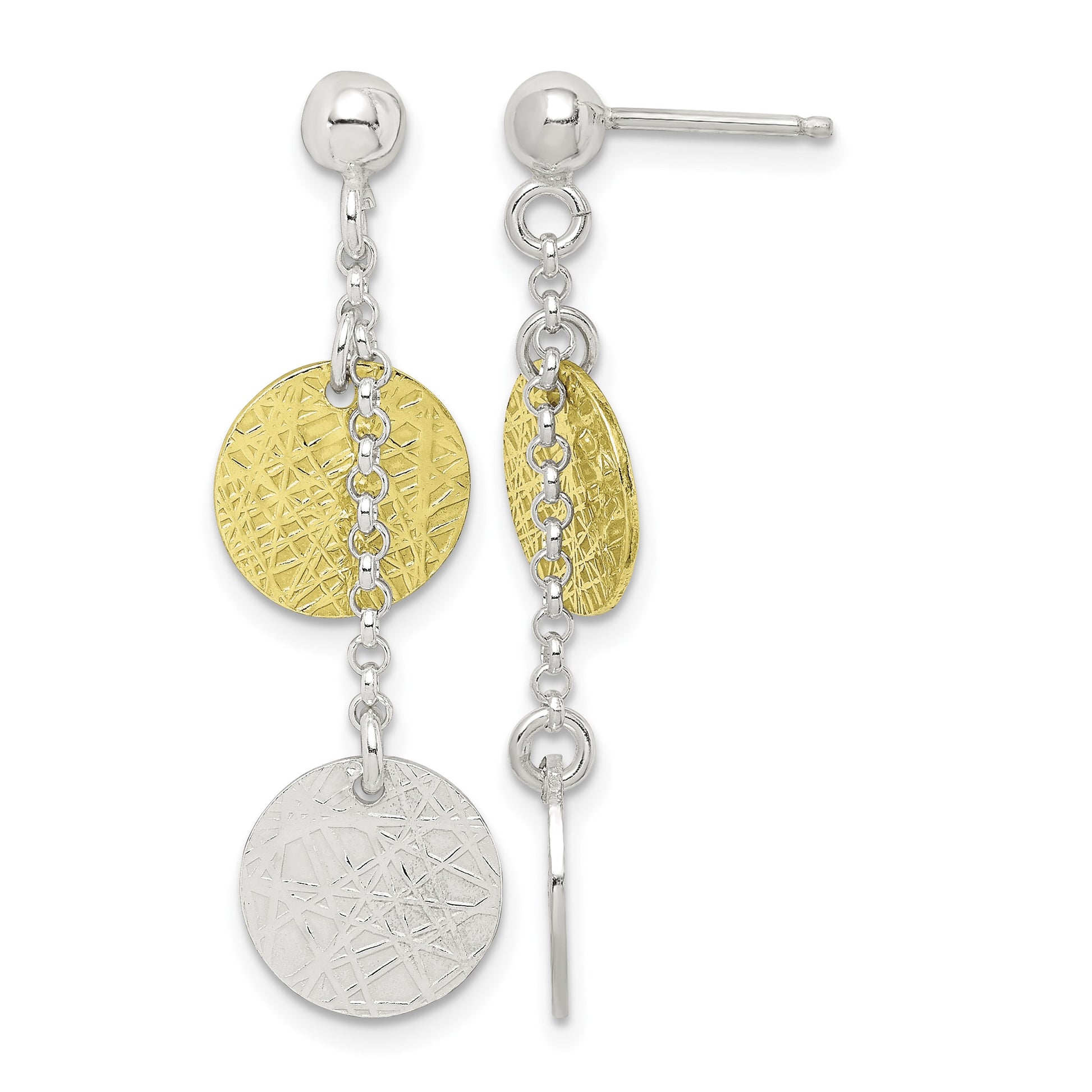 Sterling Silver w/ Yellow Vermeil Polished & Textured Circle Dangle Earring