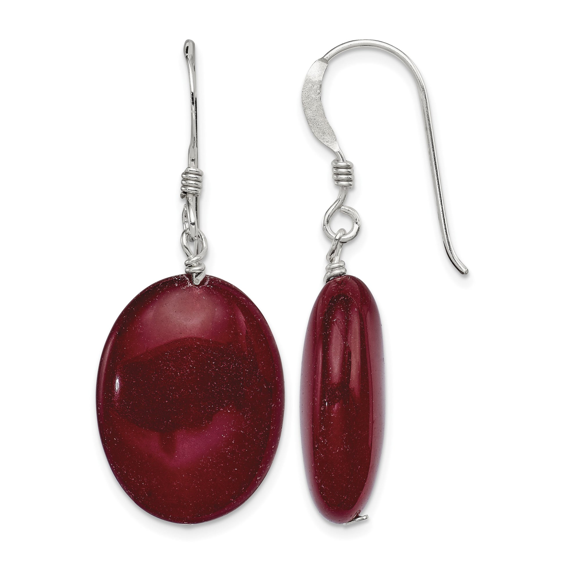 Sterling Silver Polished Red Jade Oval Dangle Earrings