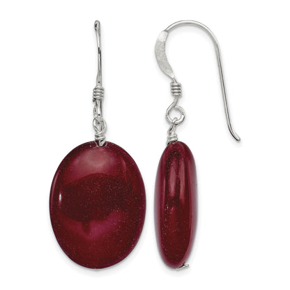 Sterling Silver Polished Red Jade Oval Dangle Earrings