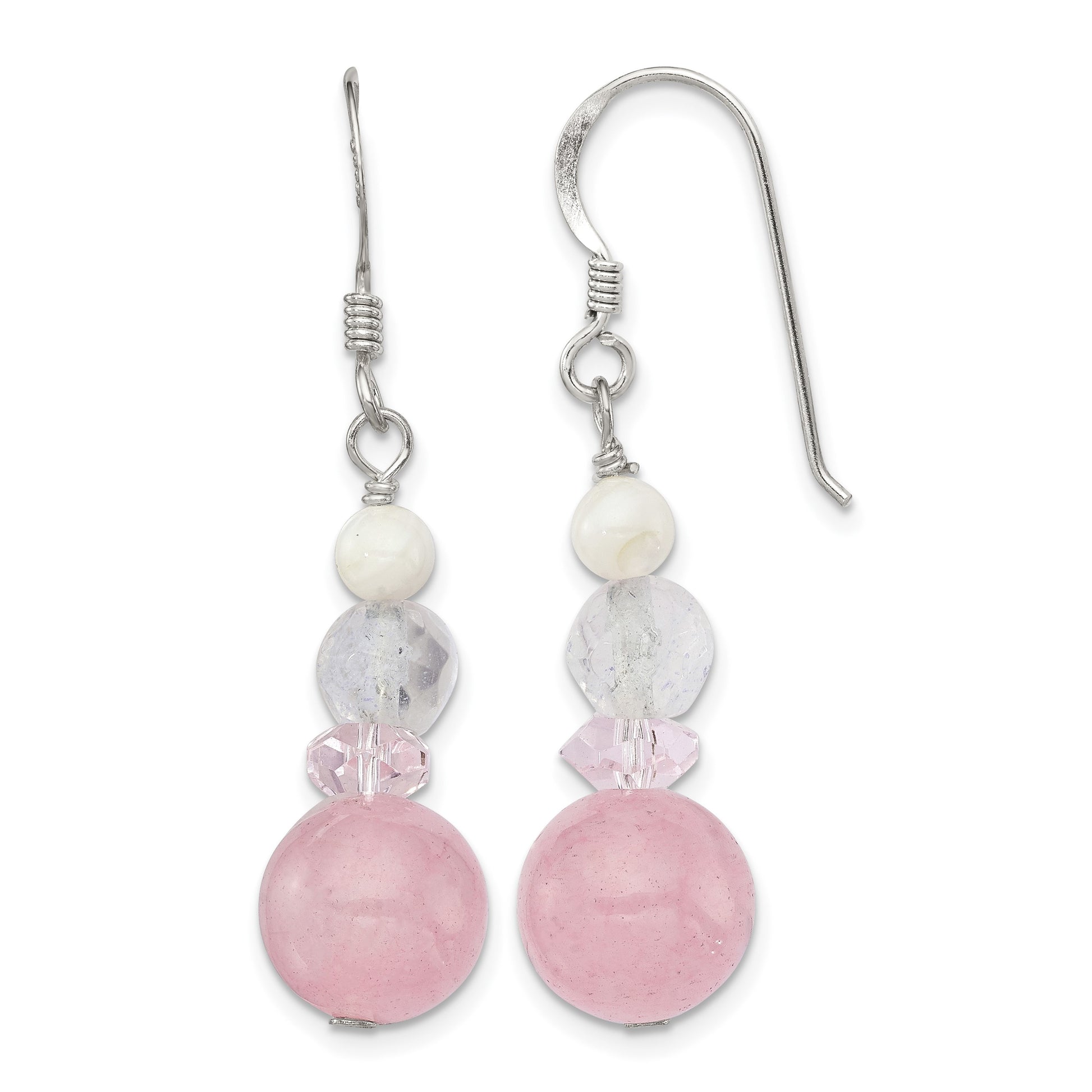 Sterling Silver Polished Pink Crystal, Jade & Mother of Pearl Dangle Earrin
