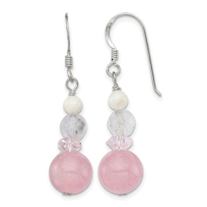 Sterling Silver Polished Pink Crystal, Jade & Mother of Pearl Dangle Earrin