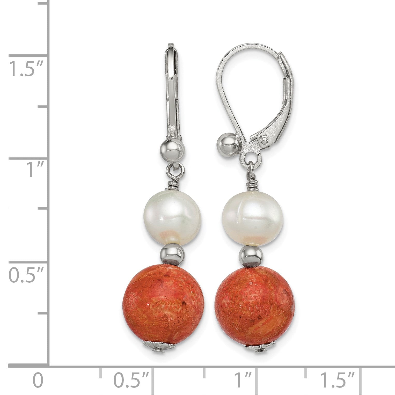 Sterling Silver Rhod-pltd FWC Pearl/Recons. Red Coral Dangle Earrings