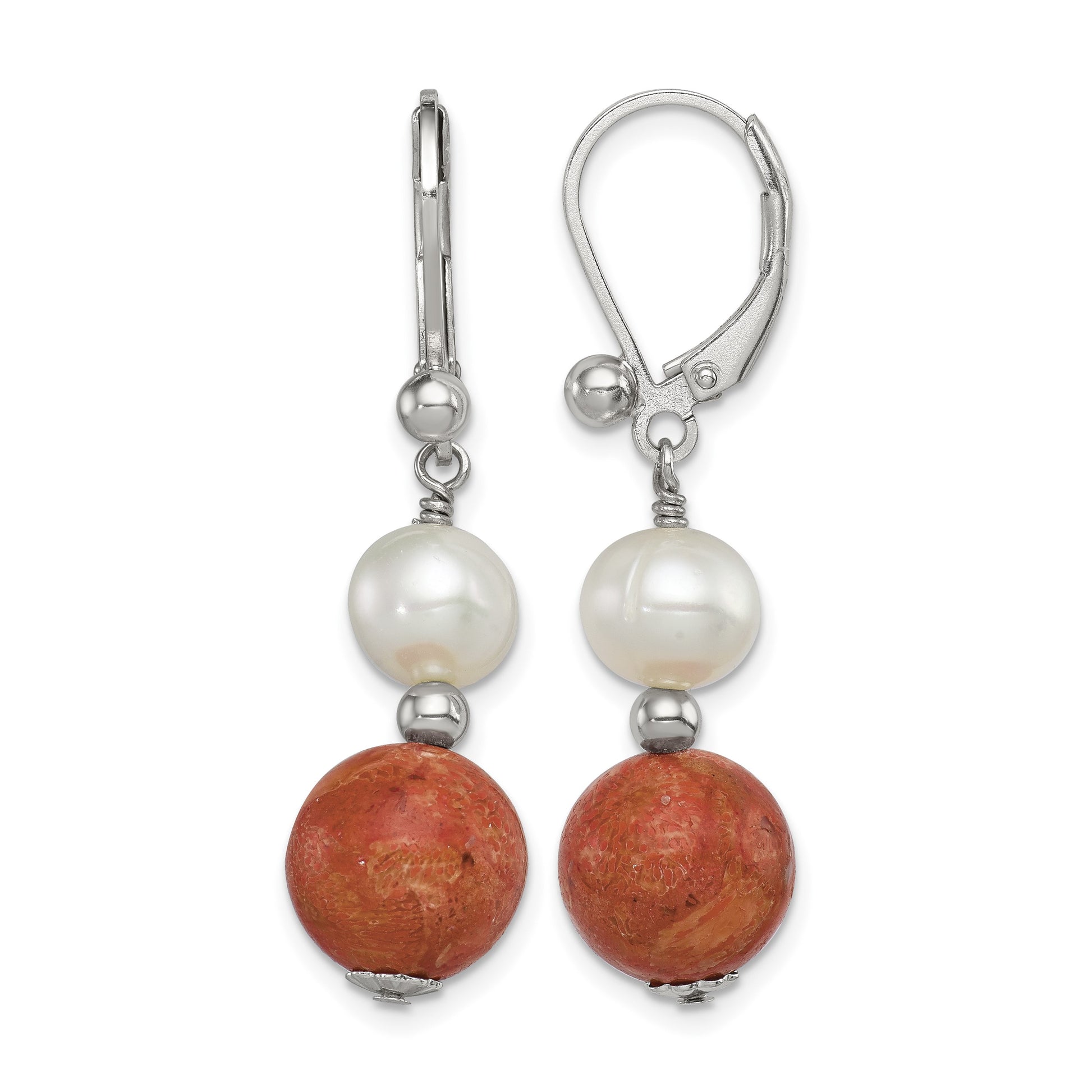 Sterling Silver Rhod-pltd FWC Pearl/Recons. Red Coral Dangle Earrings