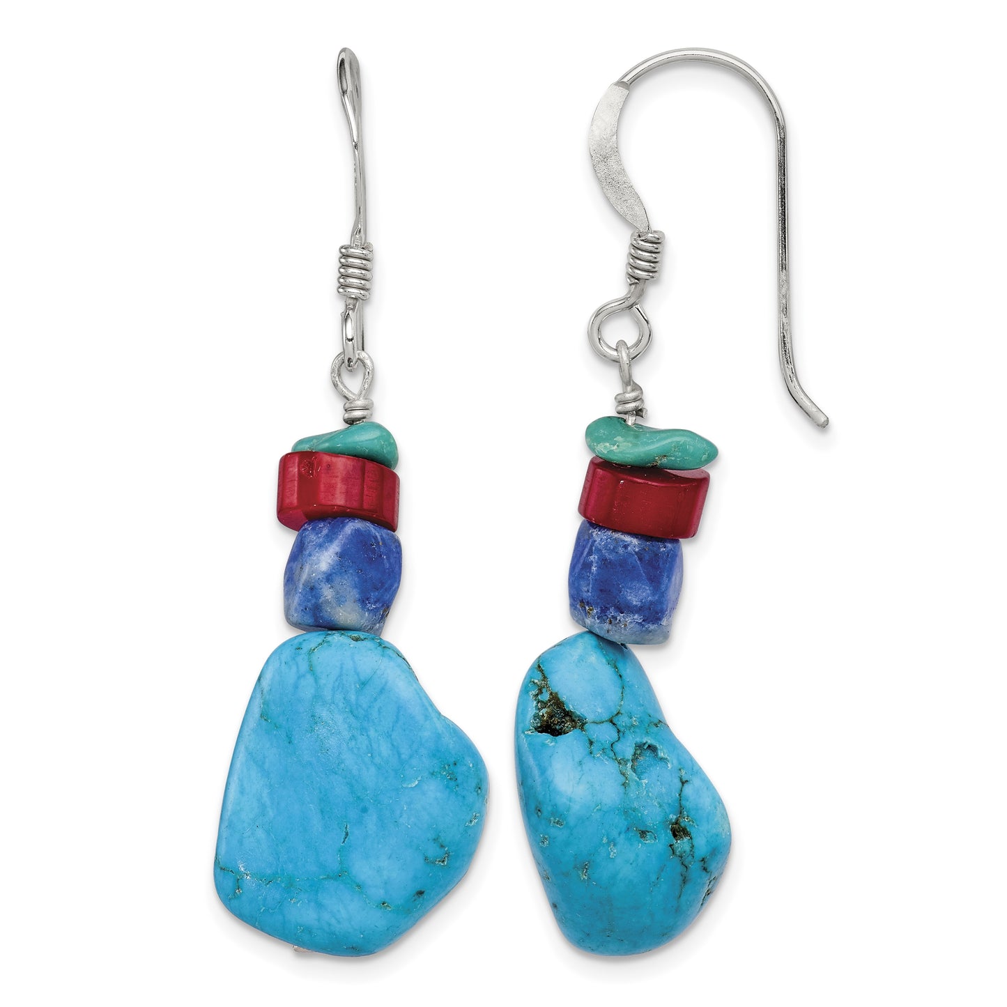 Sterling Silver Red Coral/Howlite/Lapis/Turquoise Dangle Earrings