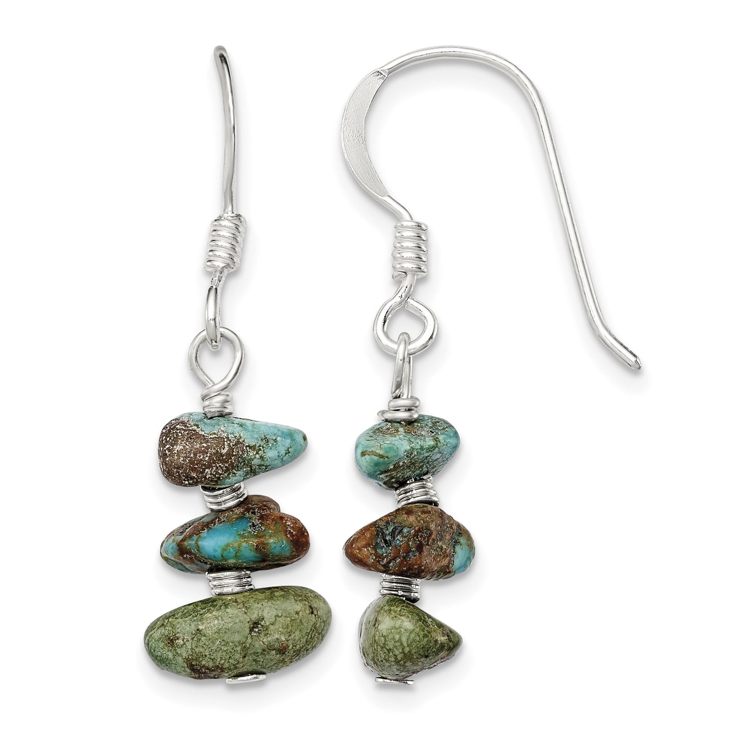 Sterling Silver Polished Three Turquoise Chip Dangle Earrings
