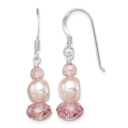 Sterling Silver Polished Peach Crystal & Pink FWC Pearl Dangle Earrings