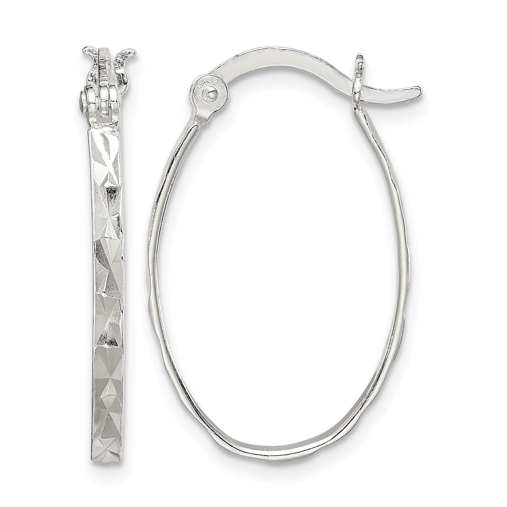 Sterling Silver Rhod-plated Polished/Textured 2mm Oval Hoop Earrings