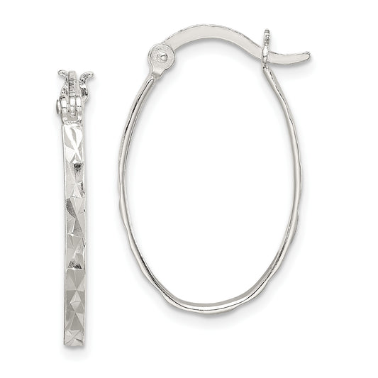 Sterling Silver Rhod-plated Polished/Textured 2mm Oval Hoop Earrings