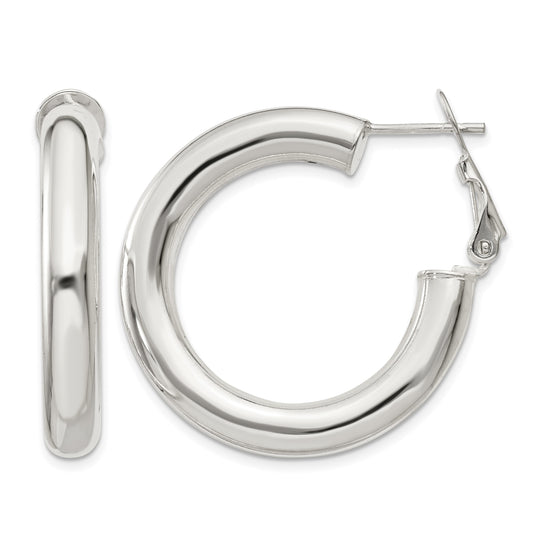 Sterling Silver 5x30mm Omega Back Hoop Earrings