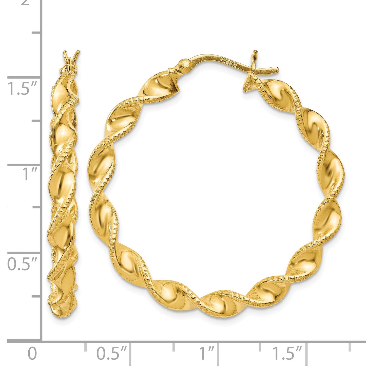 Sterling Silver Gold Flash Plated Patterned Twisted 4x35mm Hoop Earrings