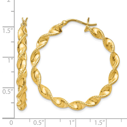 Sterling Silver Gold Flash Plated Patterned Twisted 4x35mm Hoop Earrings