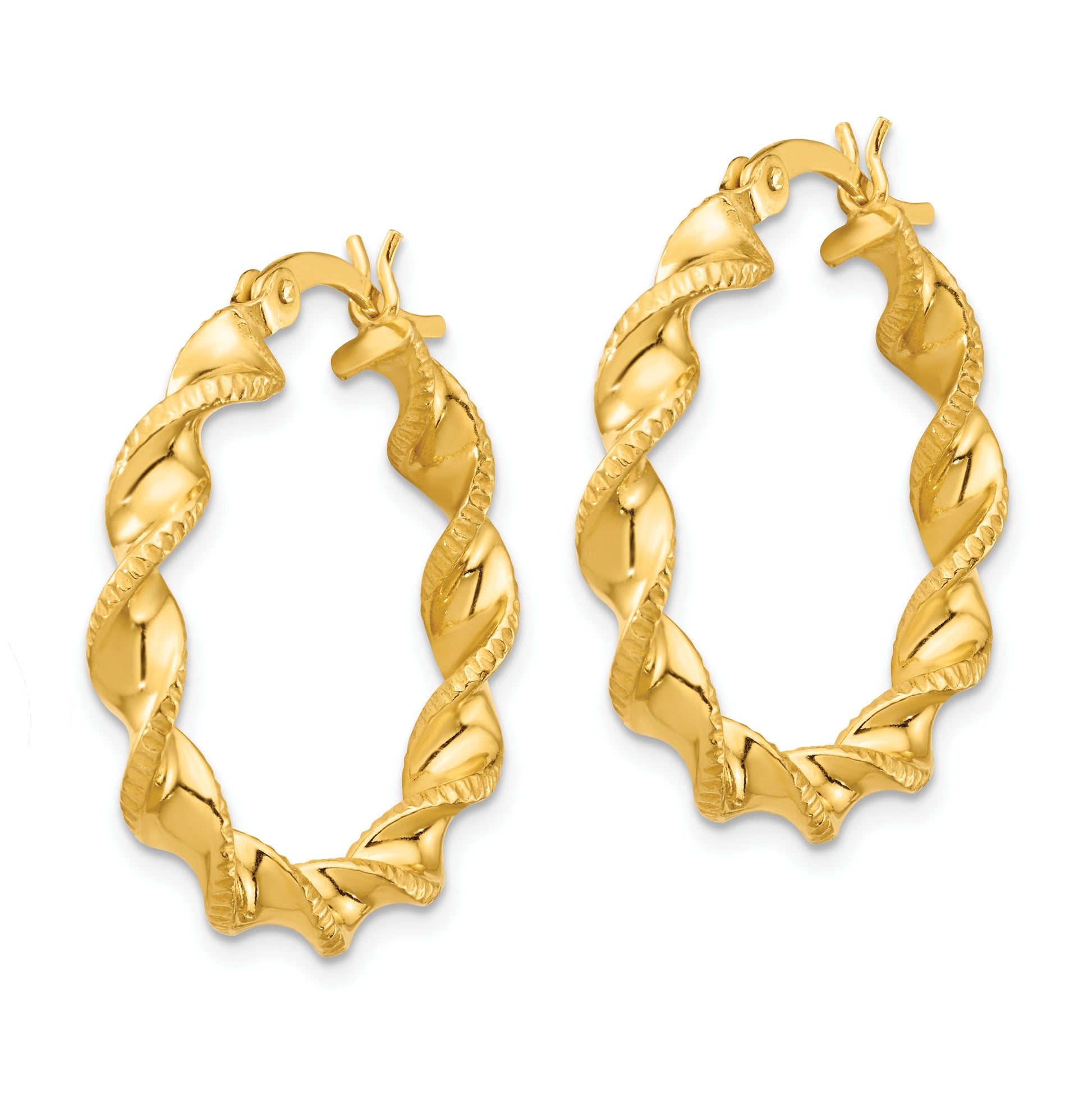 Sterling Silver Gold Flash Plated Patterned Twisted 4x25mm Hoop Earrings