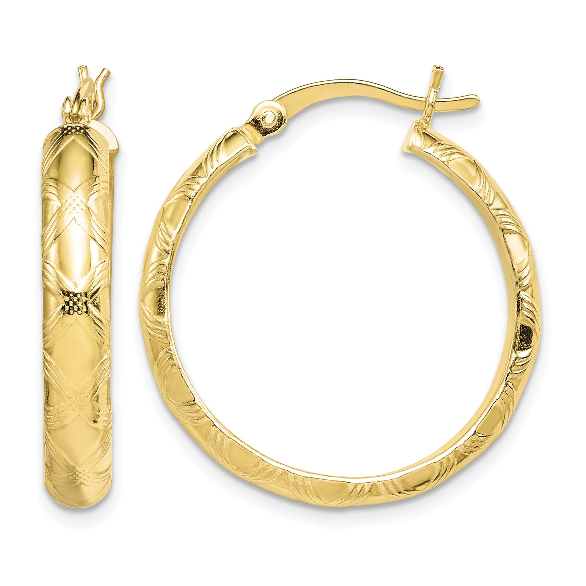 Sterling Silver Gold Flash Plated Patterned 4x25mm Hoop Earrings