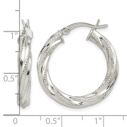 Sterling Silver Rhod-plated Patterned Twisted 4x25mm Hoop Earrings