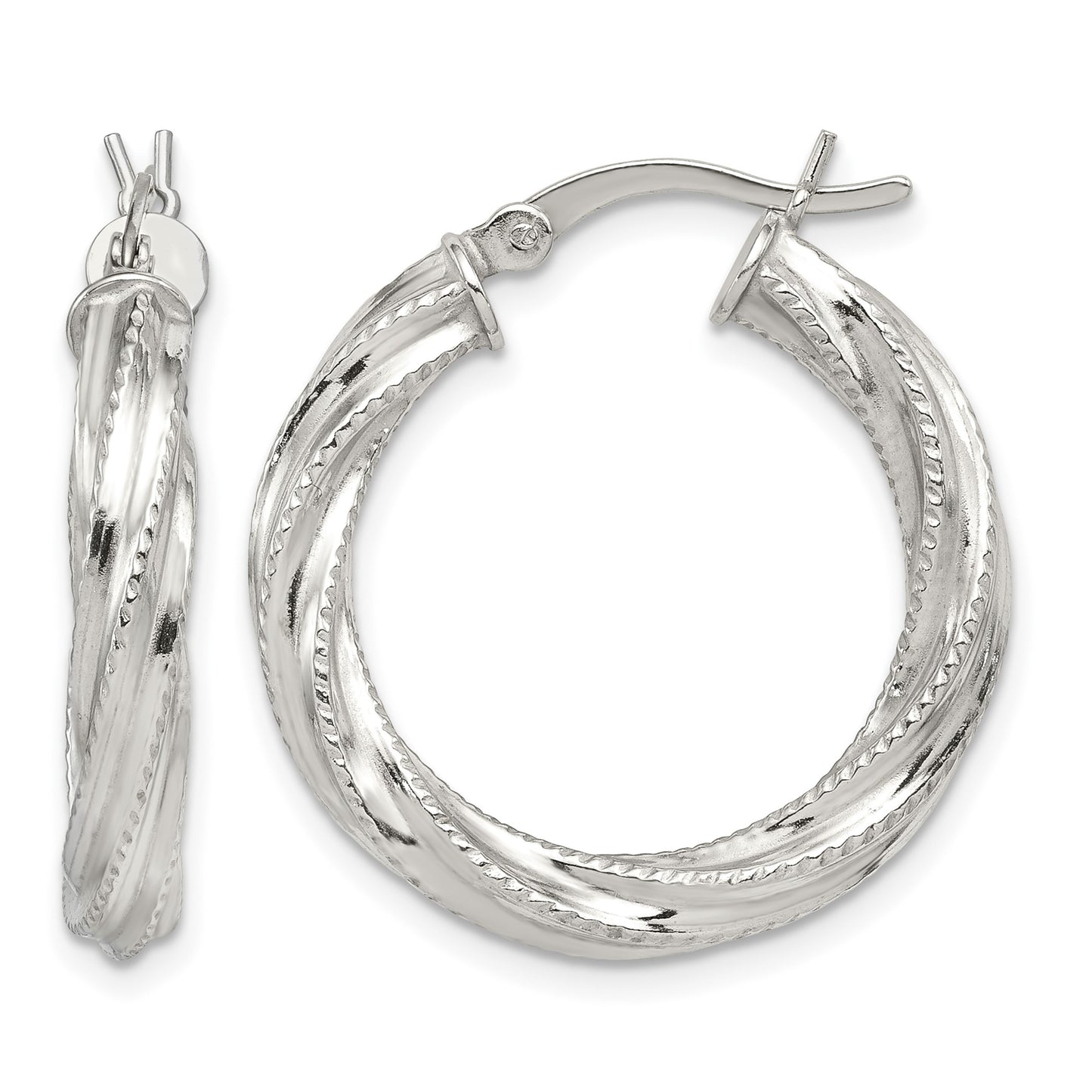 Sterling Silver Rhod-plated Patterned Twisted 4x25mm Hoop Earrings