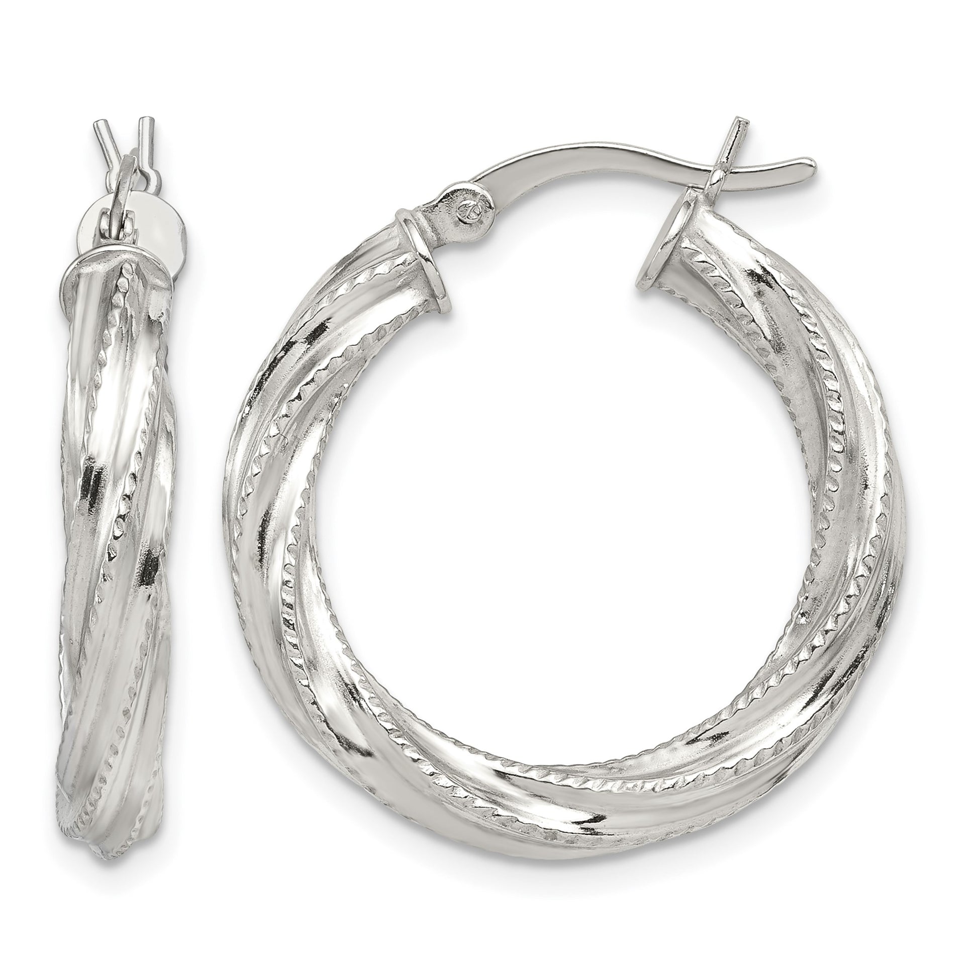 Sterling Silver Rhod-plated Patterned Twisted 4x25mm Hoop Earrings