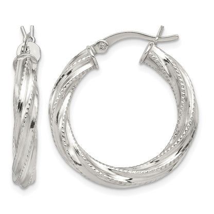Sterling Silver Rhod-plated Patterned Twisted 4x25mm Hoop Earrings