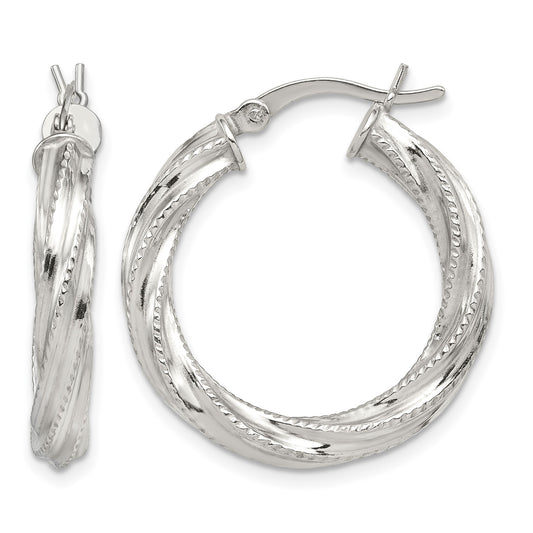 Sterling Silver Rhod-plated Patterned Twisted 4x25mm Hoop Earrings
