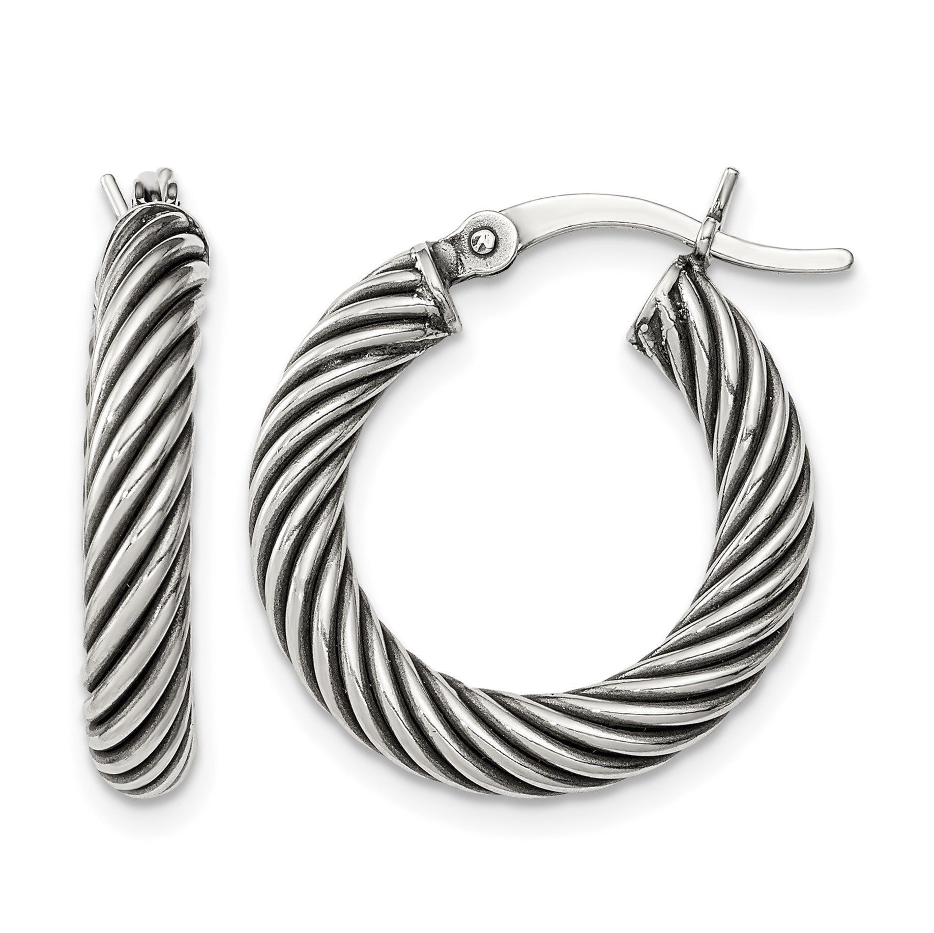 Sterling Silver Antiqued 3.25x20mm Twisted Hoop Earrings