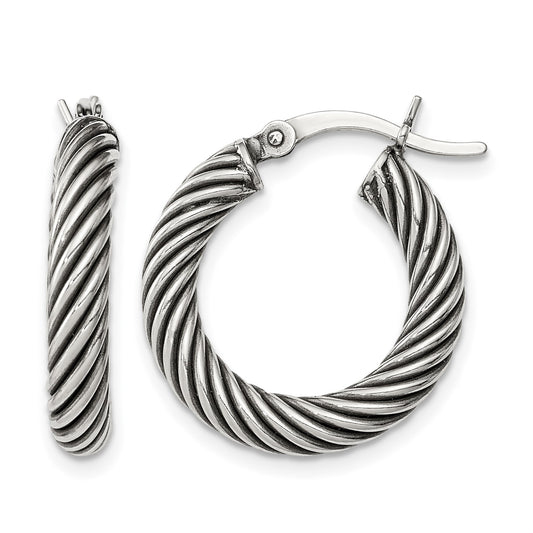Sterling Silver Antiqued 3.25x20mm Twisted Hoop Earrings