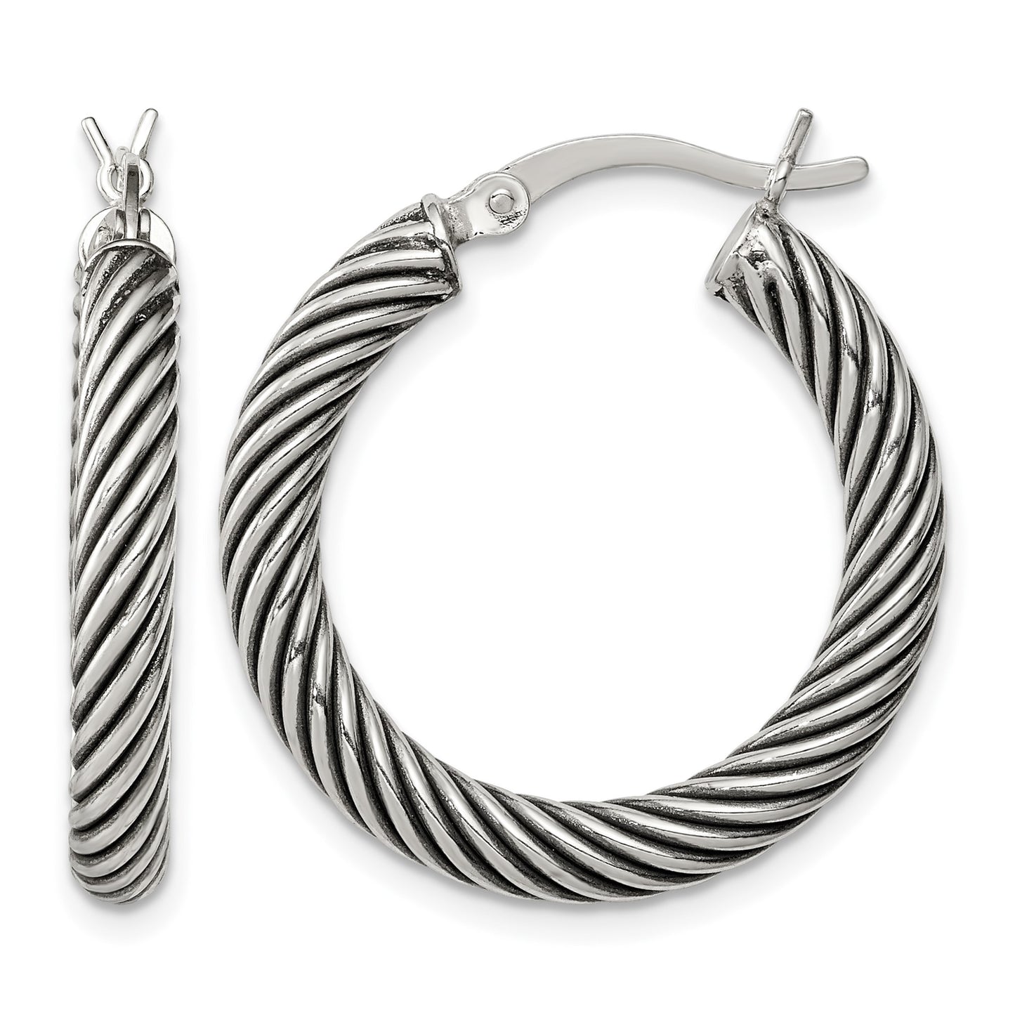 Sterling Silver Antiqued 3.25x25mm Twisted Hoop Earrings