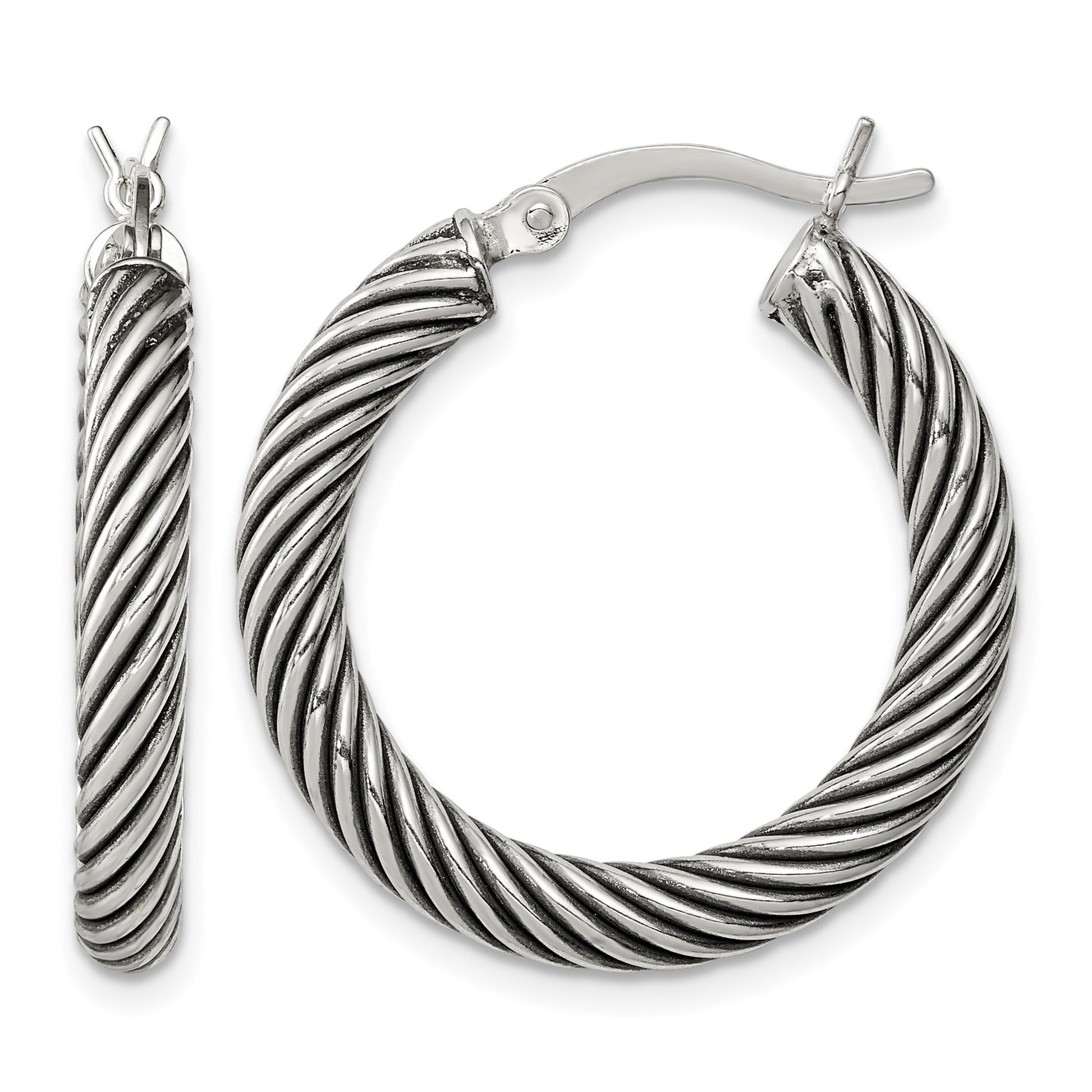 Sterling Silver Antiqued 3.25x25mm Twisted Hoop Earrings