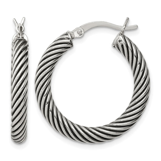 Sterling Silver Antiqued 3.25x25mm Twisted Hoop Earrings