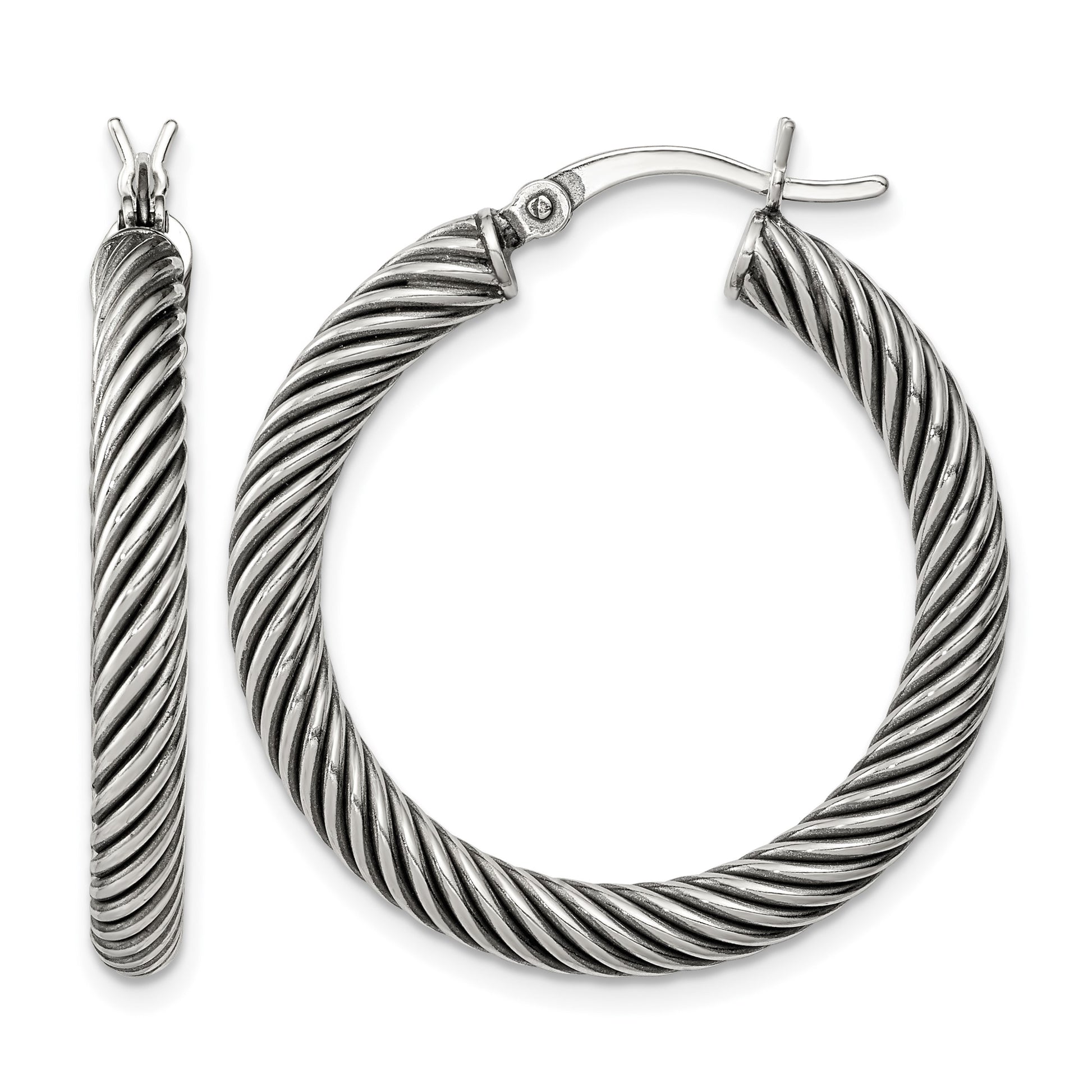 Sterling Silver Antiqued 3.25x30mm Twisted Hoop Earrings