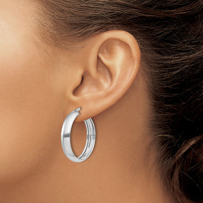 Sterling Silver Rhodium-plated 6x30mm Polished Hoop Earrings