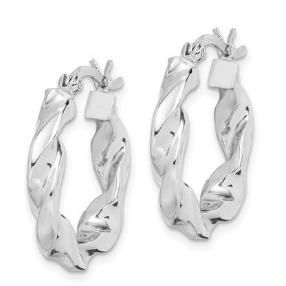 Sterling Silver Rhodium Plated Twisted 3.5x20mm Hoop Earrings